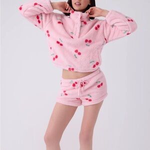 P.J. Salvage Pink Cherry Fleece Pajama Set Large Top Medium Bottom